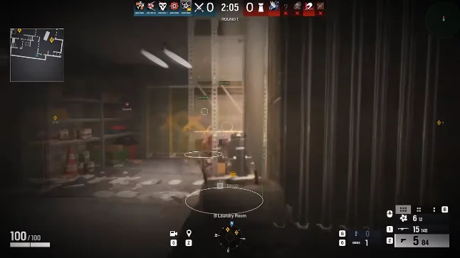 Rainbow Six Siege ESP with skeleton outlines and player boxes in B Laundry Room