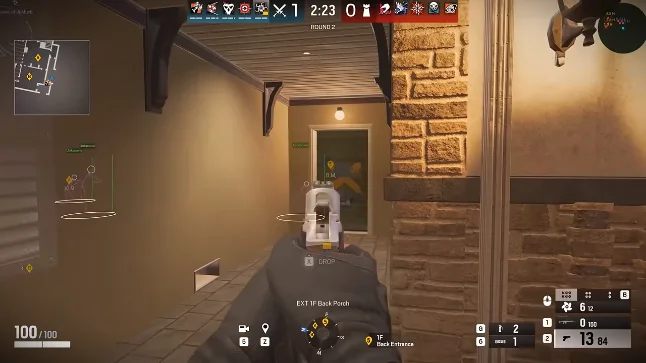 Rainbow Six Siege ESP bounding boxes and distance tags through wall on EXT Back Porch