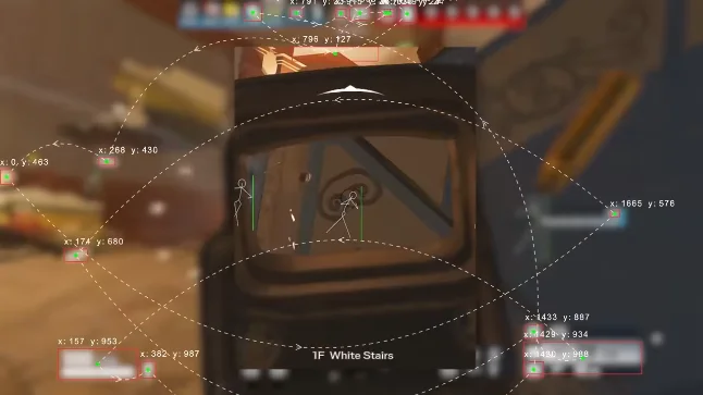 Rainbow Six Siege advanced ESP with skeleton, boxes and trajectory overlays at 1F White Stairs